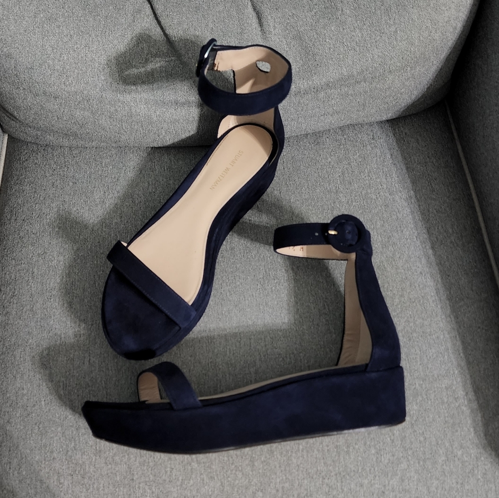 Stuart Weitzman Blue Capri Suede Leather Platform Ankle Strap Sandals